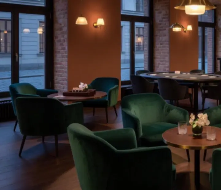 Boutique hotelový lounge v Česku připravený na diskrétní pokerový večer v luxusním prostředí.