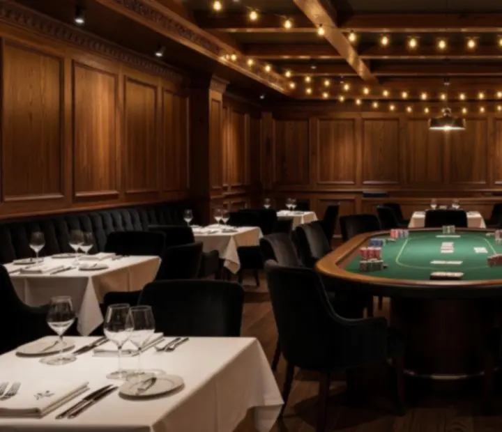 Cinematický interiér restaurace s tlumeným světlem a pokerovým stolem