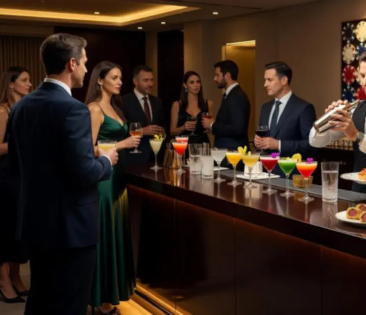 Prémiový catering a barmani míchající koktejly během firemního pokerového večera