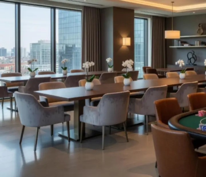 Prostorný lounge bar s moderním osvětlením připravený pro firemní pokerový večer