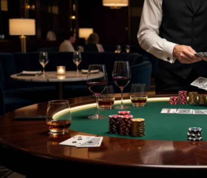 Detail luxusního pokerového stolu se žetony a kartami připravenými pro hosty