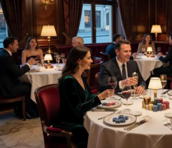 Hosté u elegantně prostřených stolů během tematického pokerového večera
