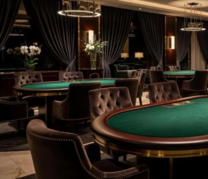 Luxusně nasvícená místnost s profesionálním pokerovým stolem a elegantním interiérem.