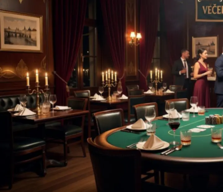 Večerní pohled do elegantní restaurace s prostřenými stoly a tlumeným osvětlením