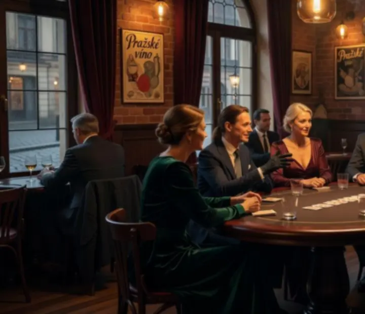 Koláž fotografií z luxusních pokerových večerů v českých restauracích a lounge prostorech.