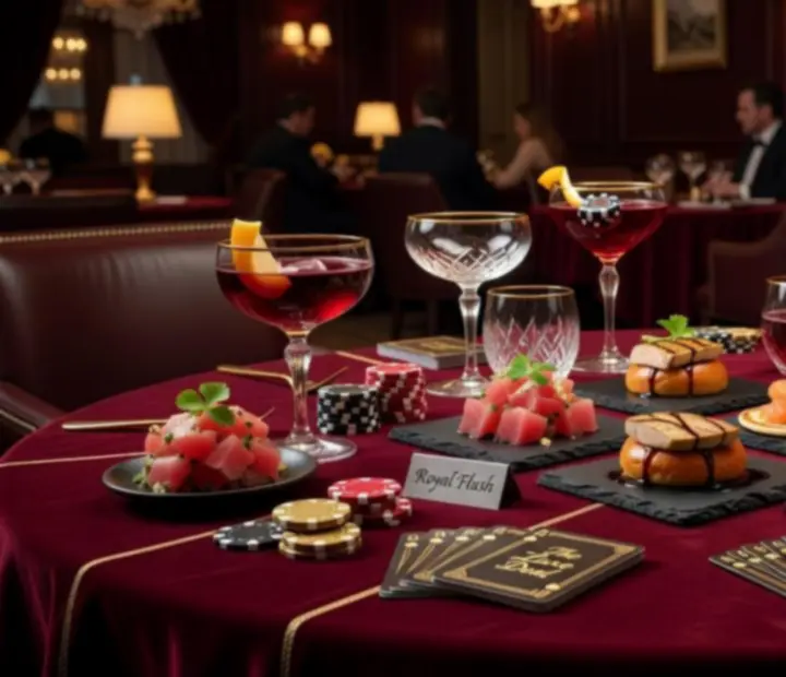 Luxusní cateringový stůl s gourmet občerstvením připravený pro pokerový večer v restauraci.