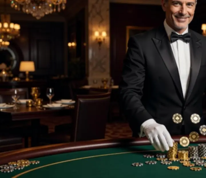 Profesionální dealer u elegantního pokerového stolu během společenského večera v restauraci.