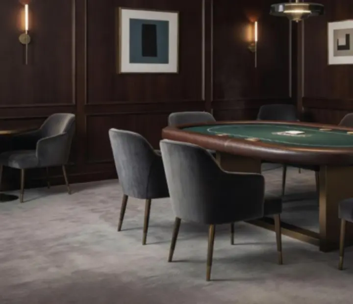 Elegantní fine dining restaurace s nasvícenými pokerovými stoly