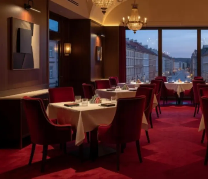 Cinematické osvětlení v elegantní české restauraci připravené na tematický pokerový večer.