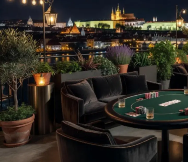 Střešní bar s nočním výhledem na město a elegantním osvětlením