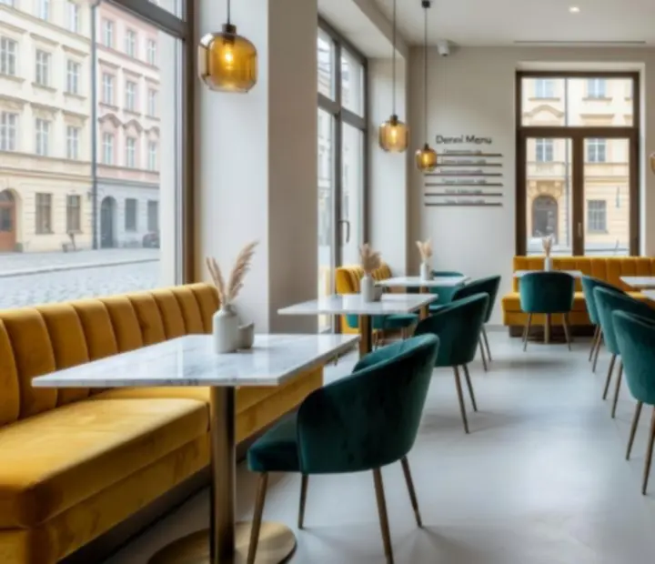 Moderní interiér restaurace s designovým nábytkem a decentním osvětlením