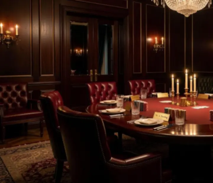 Privátní VIP salonek luxusní restaurace připravený pro firemní pokerový večer managementu